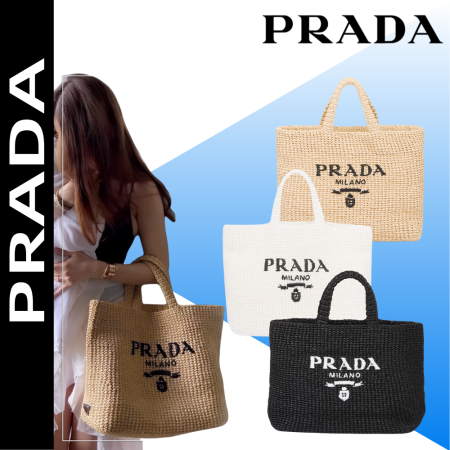 PRADA【プラダ】サマー素材/スモール ラフィアトートバッグ ロゴ 刺繍 カゴ-選べる2色