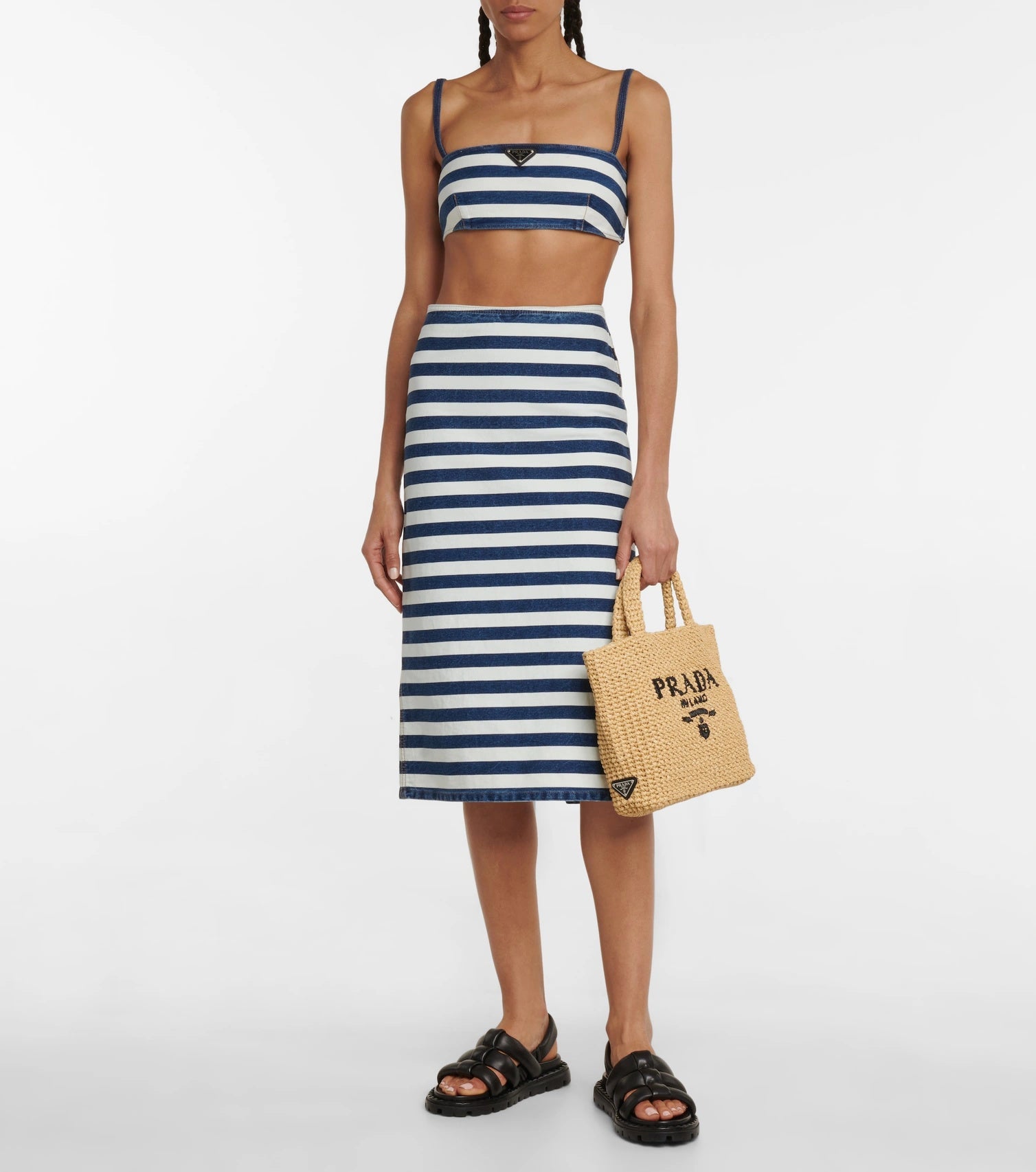 PRADA【プラダ】サマー素材/スモール ラフィアトートバッグ ロゴ 刺繍 カゴ-選べる2色